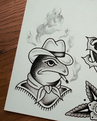 Dessin d’une grenouille avec un chapeau de cowboy, en noir et gris