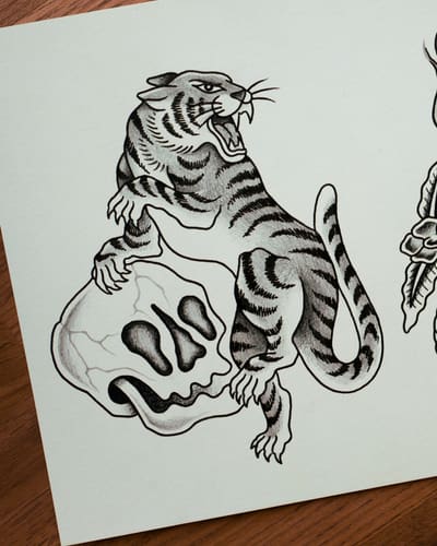 Dessin d’un tigre posé sur un crâne, en noir et gris