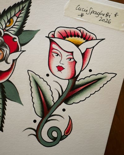 Dessin d’une tulipe au visage de femme, en couleur